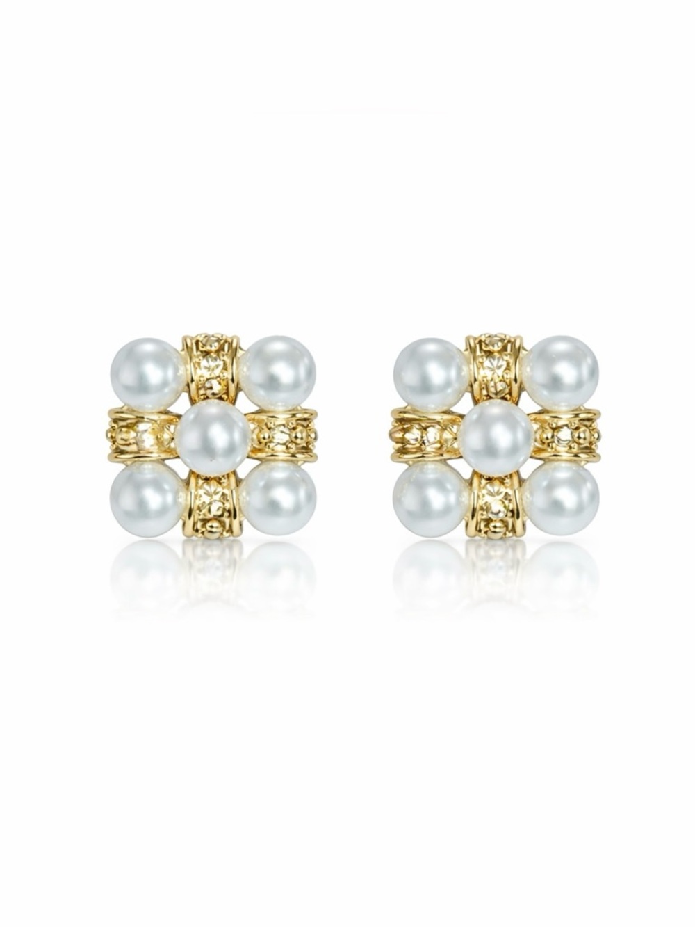 Gold and White Pearl Cluster Stud Earrings
